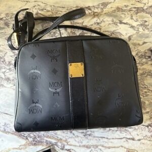 MCM Monogrammed Visetos Black Leather Camera Shoulder Bag Gold Tone Hardware